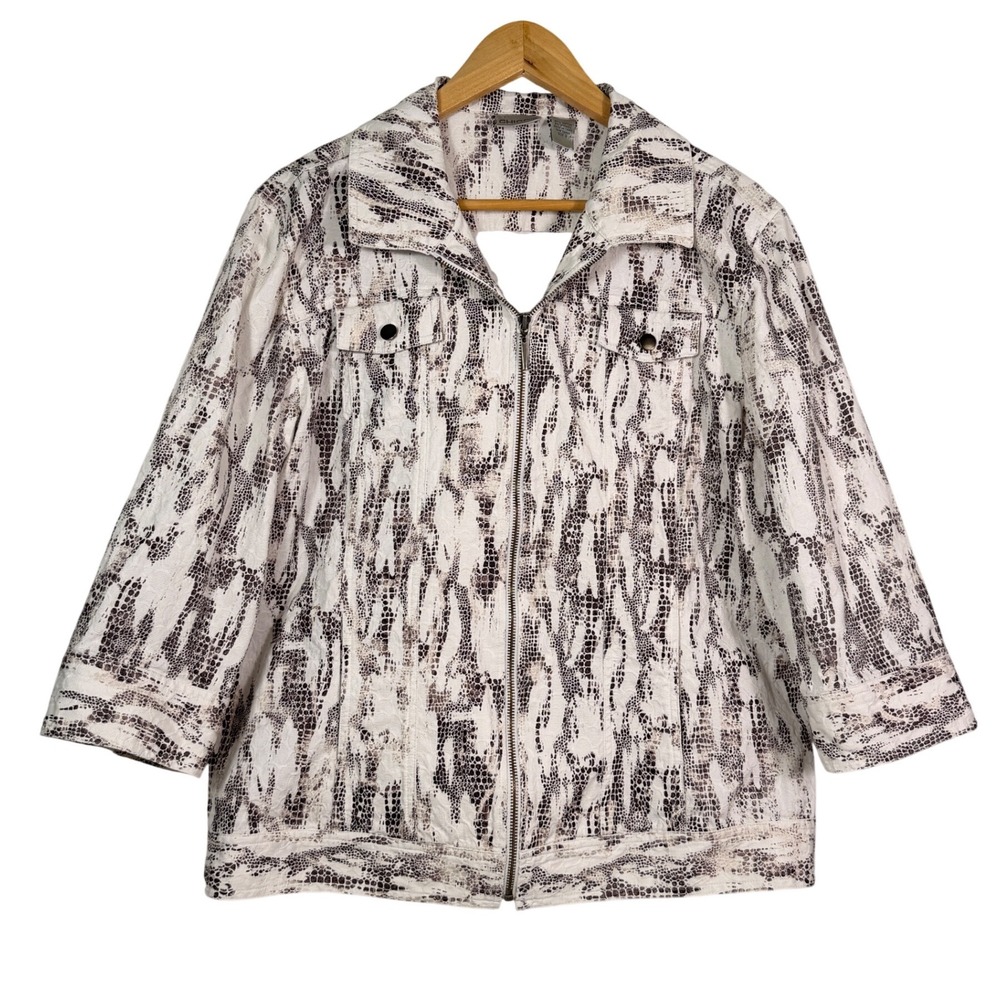Chicos Snakeskin Print Zip Front Jacket White Brown Size 3 XL Cotton Blend